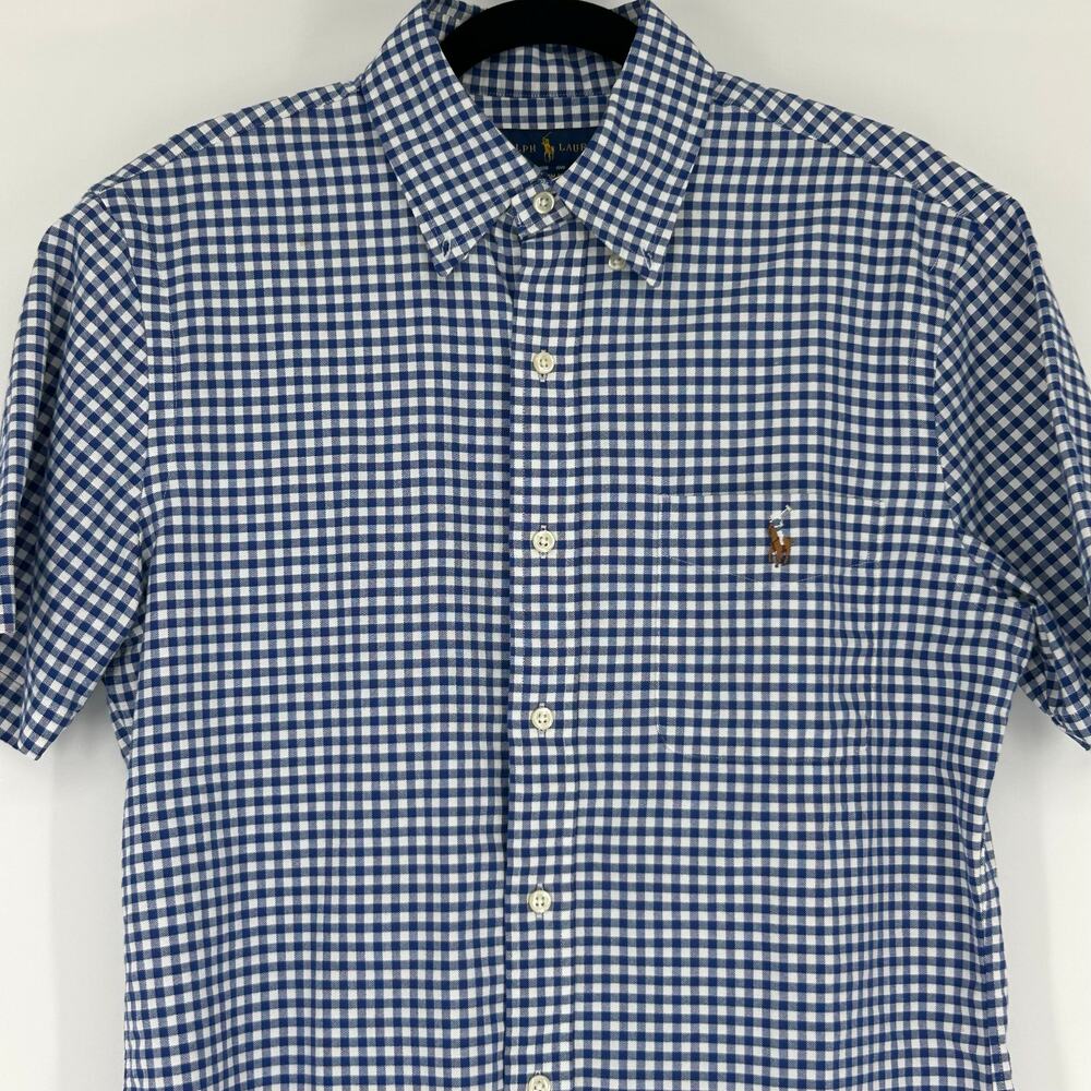 Ralph Lauren Slim Fit Blue Gingham Plaid SS Button Up Pony on Pocket Sz Medium